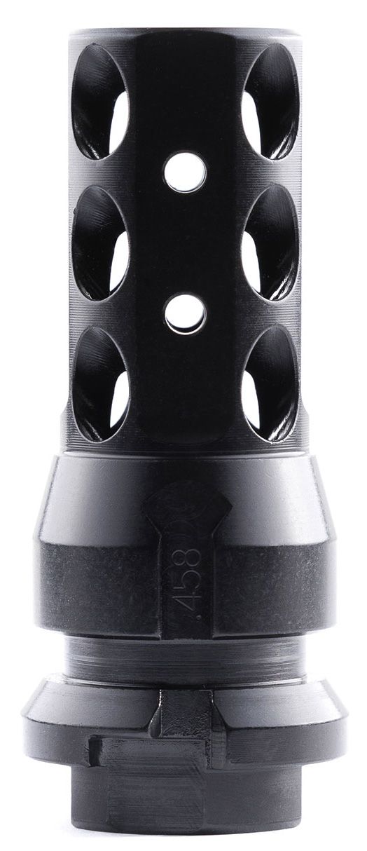 Black cylindrical firearm muzzle brake with multiple vent holes and a threaded base used to reduce recoil.