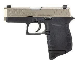 Semi-automatic handgun shown in profile, with a tan/beige slide and black grip