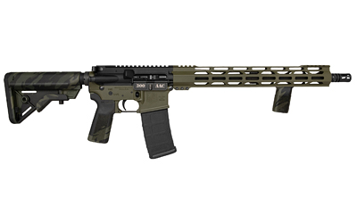 AR-15 style rifle with tan handguard, collapsible stock, and a loaded magazine.