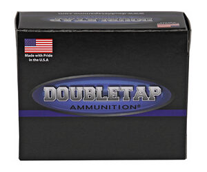 Black box labeled DoubleTap Ammunition with an oval blue logo and a small Made in the U.S.A. flag sticker on the front.