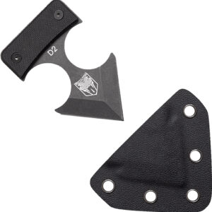 Compact throwing axe with a D2 steel blade and textured black handle, shown with a black sheath.