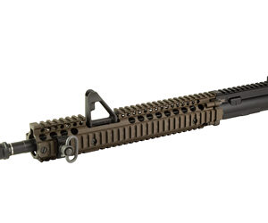 AR-15 style rifle upper receiver with quad-rail handguard, front sight, and muzzle device.