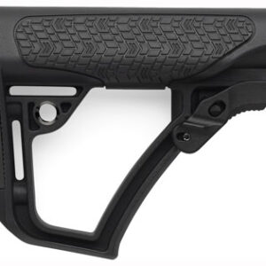 Black adjustable rifle stock with textured grip surface and mounting hardware, shown from the side