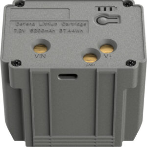Gray lithium cartridge battery module from a top view, showing VIN, GND, and V+ terminals; labeled 7.2V, 5200mAh.