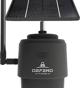 Solar-powered outdoor security camera with a top solar panel and external antenna.