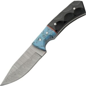 Fixed-blade knife with a Damascus-pattern blade and a black, blue, and turquoise handle with decorative rivets