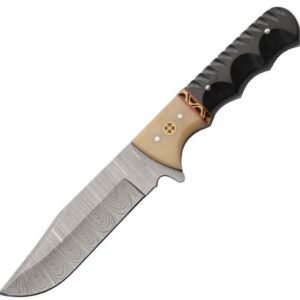 Fixed-blade knife with a patterned Damascus steel blade, a light-beige handle with inlay, and a black textured grip.