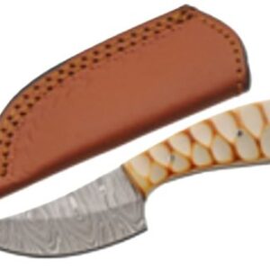 Curved hunting knife with a patterned blade and light-colored, textured handle, paired with a brown leather sheath.