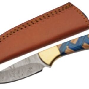 Damascus-style fixed-blade knife with a blue patterned handle and a brown leather sheath.