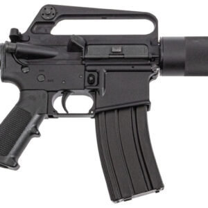 Black assault rifle (M4-style) shown in profile with collapsible stock, carrying handle, and curved magazine.