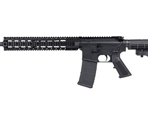 Black AR-style semi-automatic rifle with a quad-rail handguard and adjustable stock