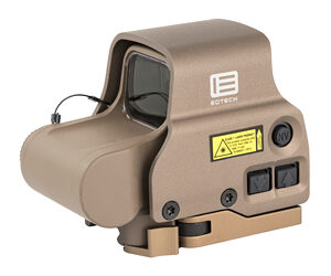 Tan EOTech holographic rifle sight with hood, mounted on a rail.