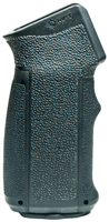 Close-up of a black textured pistol grip on a handgun, showing ergonomic contours and grip texturing.