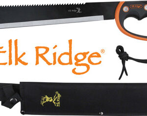 Elk Ridge bow saw with a black-and-orange handle and a matching sheath, logo visible on blade area and sheath edge.