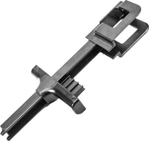 Metal bar clamp with screw jaw and sliding pad, used to hold materials together for gluing or assembly.