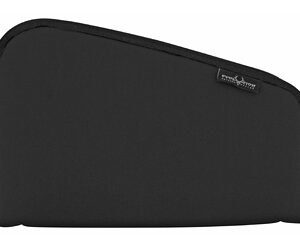 Black zippered semi-circular pouch with a small brand tag on the top edge, resting on a white background.