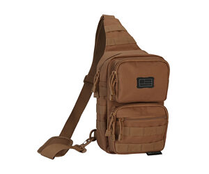 Brown tactical sling backpack with multiple zippered pockets and an adjustable single strap.