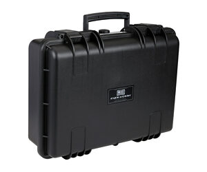 Black hard protective case with a top handle and latches, closed and secure for gear transport.