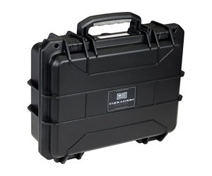 Black hard-shell protective case with a top handle and latches for secure transport.