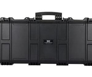 Black hard protective transport case with a top and side handle, rugged latches, closed for durable equipment storage