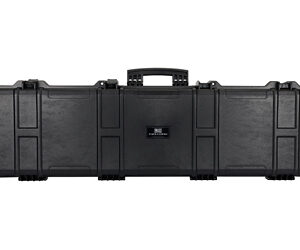Long black hard-shell equipment case with handles and latches for transport and storage (flight case).