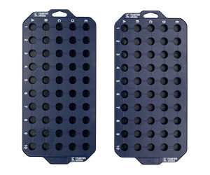Two blue plastic pegboard organizers with rows of circular holes and top handles.