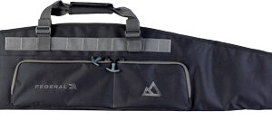 Long black padded fishing rod case with handles and multiple zip pockets for gear transport and storage.