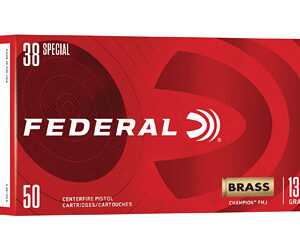 Federal .38 Special brass pistol cartridges box, red design, 50 rounds, 130 grain FMJ (full metal jacket).