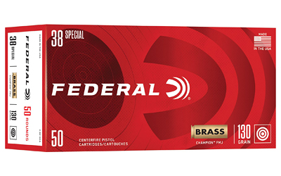 Federal .38 Special brass pistol cartridges box, red design, 50 rounds, 130 grain FMJ (full metal jacket).