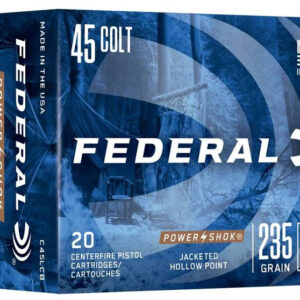 Federal 45 Colt ammo box with 235‑grain jacketed hollow point, Power Shok, made in USA, 20 cartridges per box, deer logo on blue packaging