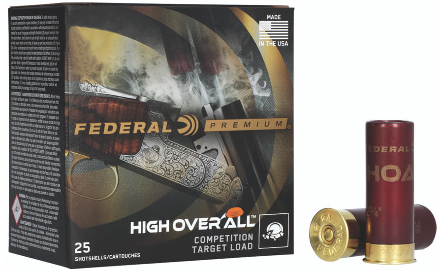 Federal Premium High OverAll shotgun shell box (25 shells) with a red vintage-style shell beside it, labeled 'Competition Target Load' and 'Made in the USA'.