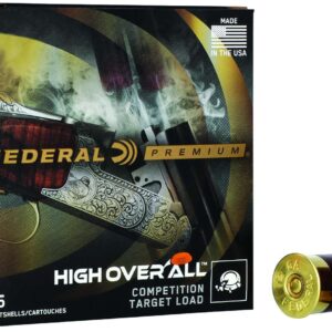 Box of Federal Premium High OverAll Competition Target Load shotgun shells with two brass and red loaded shells beside it, box displays branding and USA mark
