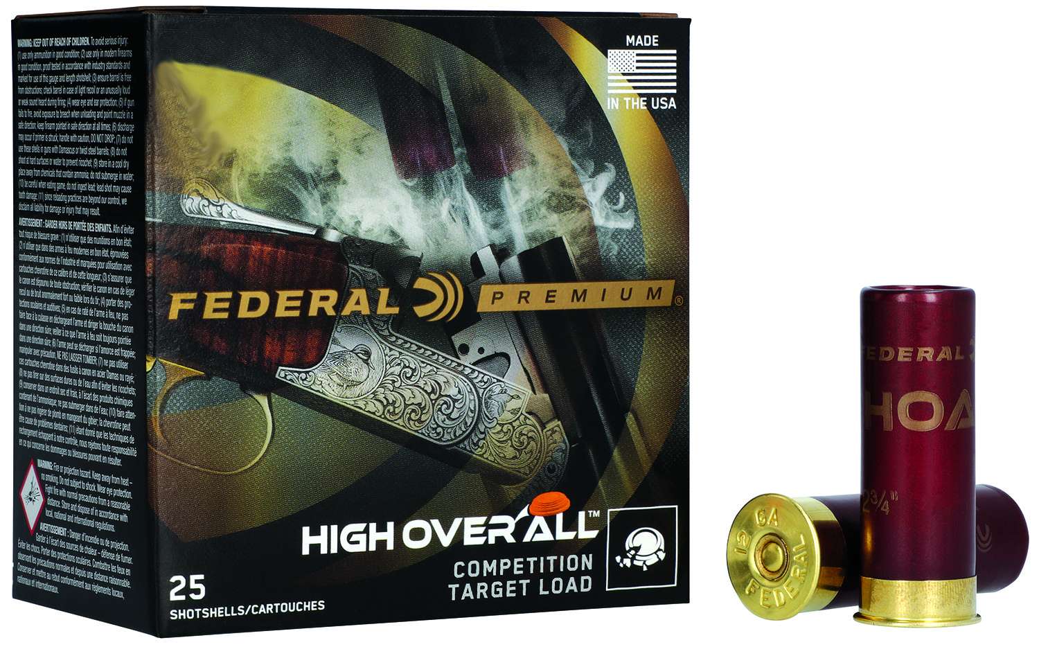 Box of Federal Premium High OverAll Competition Target Load shotgun shells with two brass and red loaded shells beside it, box displays branding and USA mark