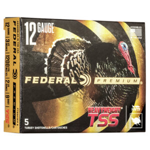 Box of Federal Premium Heavyweight TSS 12-gauge turkey shotshells, 5 shells included, shows turkey logo and bold yellow-black design