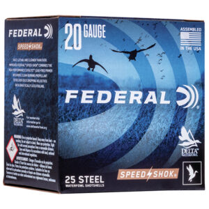 Box of Federal 20 gauge Speed-Shok waterfowl steel shotgun shells, 25 rounds, blue spiral design with flying ducks.