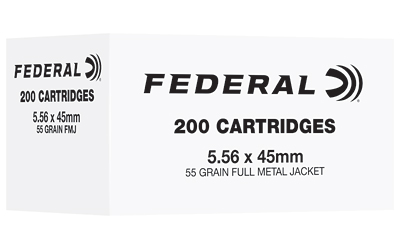 White Federal ammunition box labeled '200 CARTRIDGES', 5.56×45mm, 55 grain FMJ, with Federal logo (front and side views).