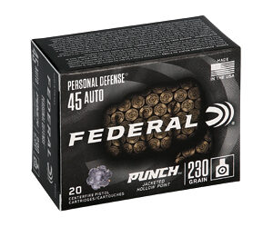 Federal Personal Defense 45 Auto ammunition box, 230 grain, 20 rounds, front showing bullets