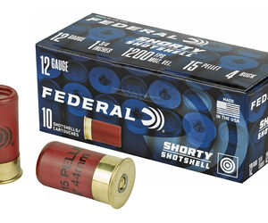 Federal Shorty Shotshells box with two loose 12-gauge shells (red hulls) nearby, 10-count box contents