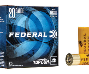 Federal Top Gun 20-gauge shotgun shell box with two orange shells beside it.