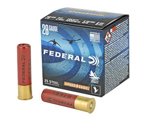 Federal 28-gauge shotgun shell box with two red-shell cartridges placed beside it.