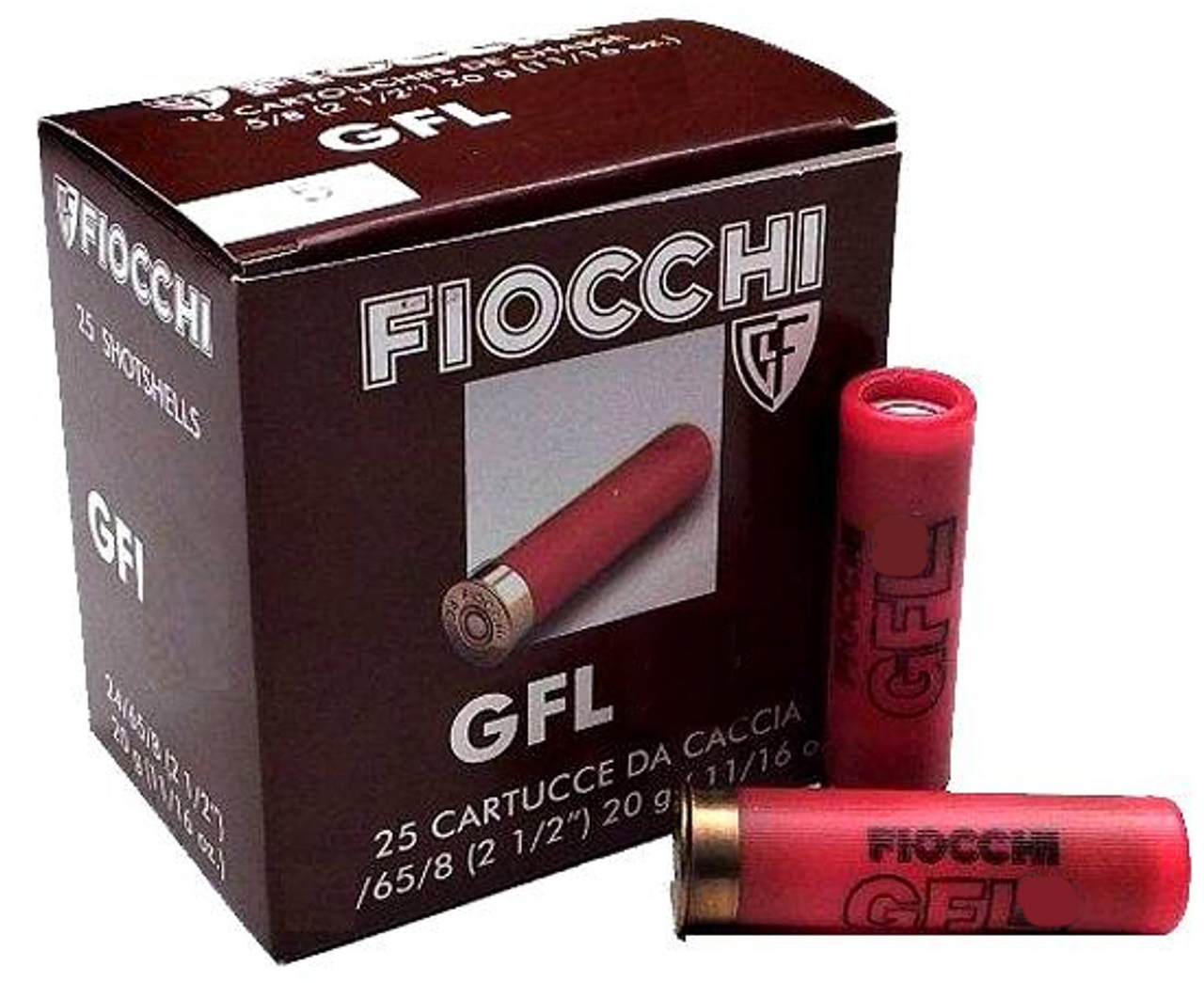 Fiocchi GFL shotgun shell box with two red ammunition shells beside it.