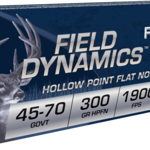 Box of Field Dynamics hollow point flat nose ammunition for .45-70 Government, 300 grain HPFN, 1900 fps, 20 rounds