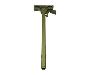 Olive-green metal pry bar with a long handle and a T-shaped, multi-pronged head.