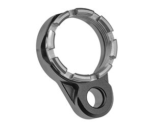 Circular metal clamp with rectangular tabs around the ring and a mounting lug with a hole at the base.