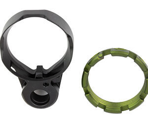 Two circular mounting rings, black and olive green, with segmented outer edges, on a white background.