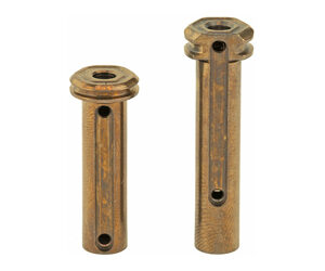 Two rusted cylindrical metal anchors/pins with holes along their length, one shorter and one taller, shown on a white background.