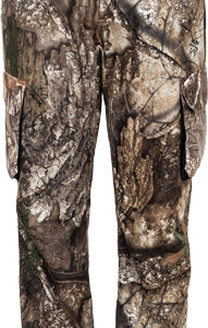 Camouflage hunting pants with a built-in belt and cargo pockets, full-length with tree-branch pattern.