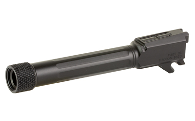 Black cylindrical rifle muzzle device with threaded end and side mounting lobes, shown from the side