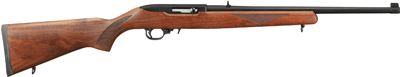 Bolt-action hunting rifle with a wooden stock and long metal barrel shown in profile