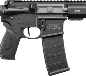Black AR-style rifle with collapsible stock, pistol grip, and extended magazine in profile